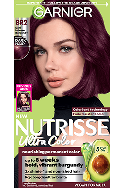 Front of pack of Nutrisse Ultra Color BR2 – Darkest Intense Burgundy